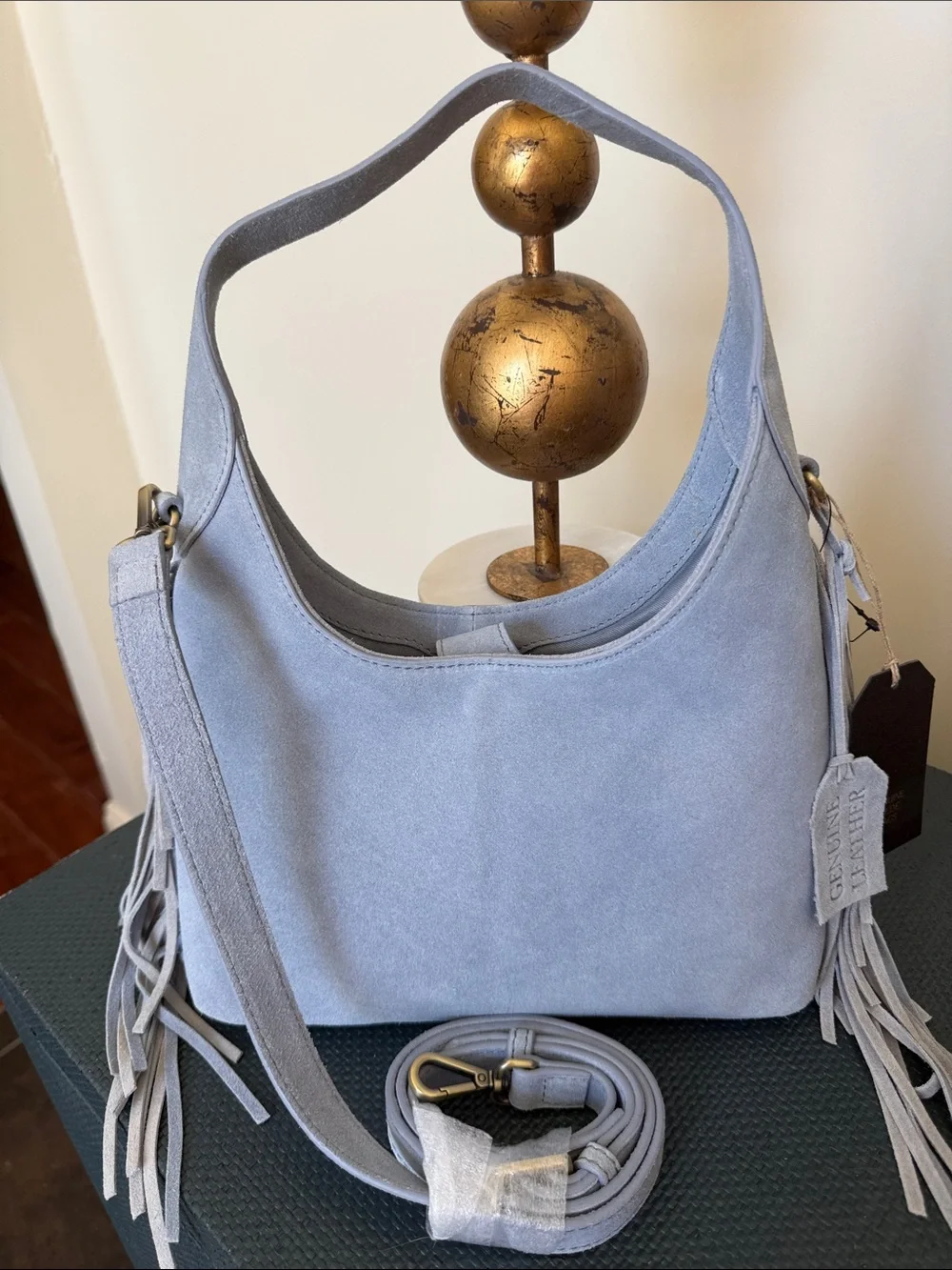 Suede Leather Hobo Crossbody Bag Light Blue NWT Western